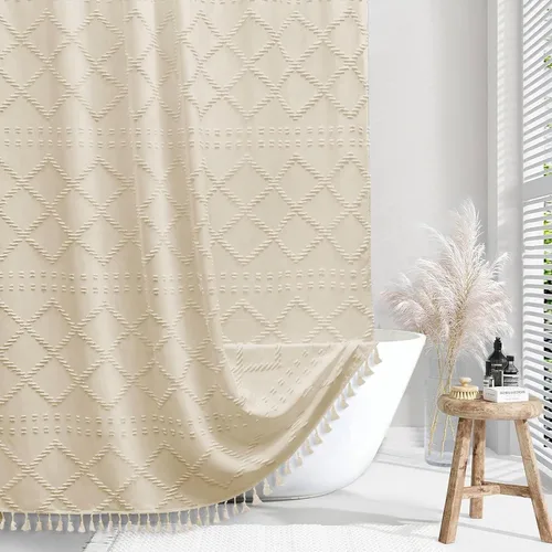 Siiluminisoy Cortina de ducha extra larga de estilo bohemio, tela tejida, color crema/beige, 84 pulgadas, 72 x 84 pulgadas, diseño de cheurón con