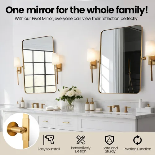 Miniatura 5 de ANDY STAR Espejo pivote dorado cepillado de 20 x 30 pulgadas para baño, espejo de baño con marco de metal de latón para pared, espejo de pared