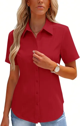 Miniatura 10 de HOTOUCH Camisas con botones para mujer, manga corta, elástica, sin arrugas, blusas formales de trabajo, blusas de verano, tallas S-2XL
