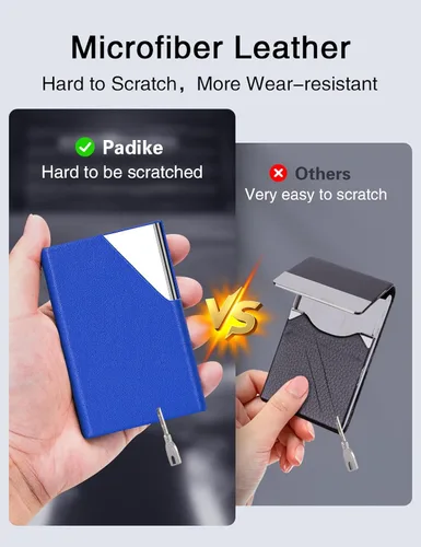 Miniatura 3 de Padike Soporte para tarjetas de visita, funda de cuero mejorada, tarjetero de bolsillo para hombres o mujeres, soporte delgado de metal para Y-BU