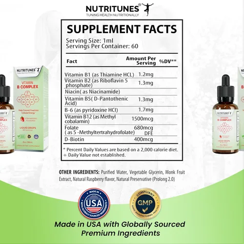 Miniatura 6 de Complejo Líquido de Vitamina B Fresa - 2 fl oz (2.0 fl oz) Features Liquid Drops, Strawberry Flavor, Methyl B12, Folate, and Easy-to-Use Formula
