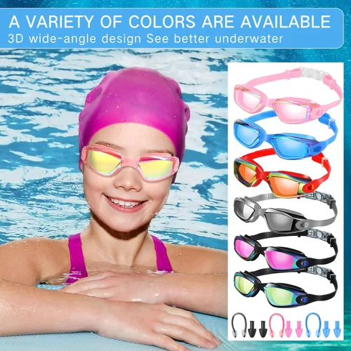 Miniatura 6 de Flutesan Paquete de 6 gafas de natación para adultos, antiniebla, con tapones para los oídos, clip para la nariz, sin fugas, protección completa