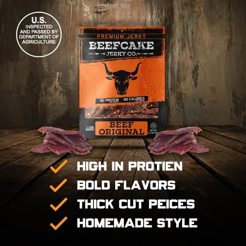 Miniatura 2 de BeefCake Jerky Paquete Clásico de Cecina de Res, Incluye Cecina de Res Sabor Tradicional Pimienta y Original, 9 Gramos de Proteína y 100 Calorías