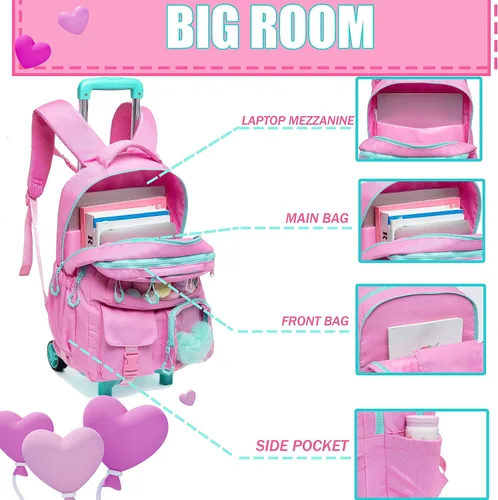 Miniatura 3 de Mochila con ruedas para niñas, mochila con ruedas, mochilas para primaria con lonchera y equipaje, Rosado, Estética