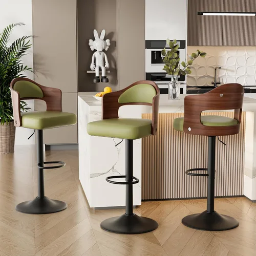 Miniatura 13 de Juego de 2 taburetes de bar giratorios, taburetes de bar de madera tapizados en cuero PU con respaldo y reposapiés, asiento de altura ajustable