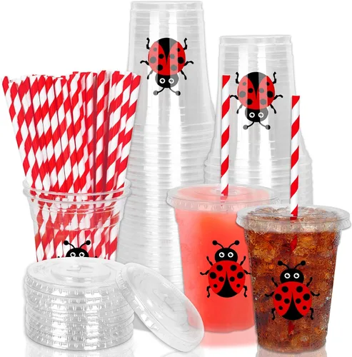 Miniatura 54 de Whaline 50 vasos de plástico desechables patrióticos de 12 onzas con tapas y pajitas con la bandera estadounidense del 4 de julio, vasos