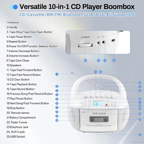 Miniatura 2 de Combo de reproductor de CD y cassette, reproductor de CD portátil Boombox con radio AM/FM Bluetooth/AUX/USB Drive Grabación de cinta para Blanco
