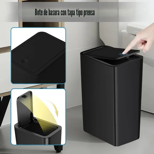 Miniatura 5 de TIPGO Basurero de baño con tapa, cubo de basura delgado de 10 litros/2.6 galones, cesta de basura pequeña con tapa desplegable para cocina, Negro