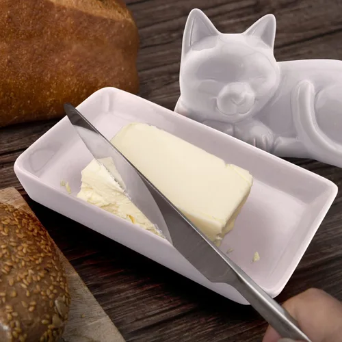Miniatura 4 de Plato para mantequilla de cerámica adorable con gato - Accesorio de cocina único y versátil - Manera duradera y creativa de almacenar y servir