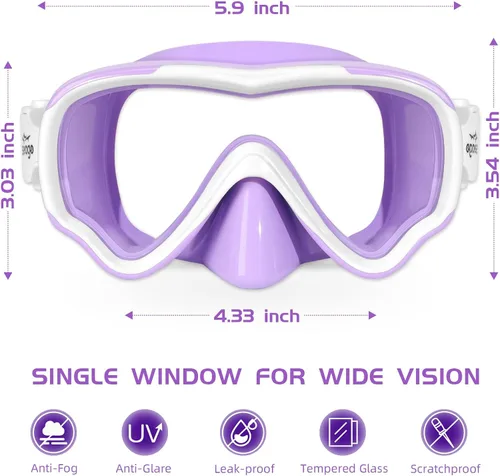 Miniatura 3 de Seago Gafas de natación para niños, máscara de buceo para jóvenes (5-15), antivaho 180° visión clara Púrpura y blanco