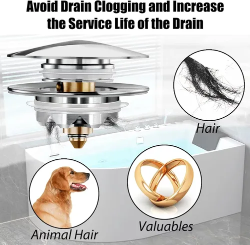 Miniatura 3 de Anlige Tapón de drenaje de bañera, tapón de bañera desplegable y cubierta, parte inferior con recogedor de pelo, universal para drenaje de 1.45 a
