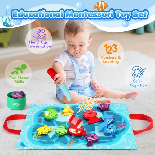 Miniatura 2 de Juguetes Montessori para niños de 1 año – Juego de pesca de tela para niños pequeños 17 en 1 con vasos apilables clasificación de colores, juguete