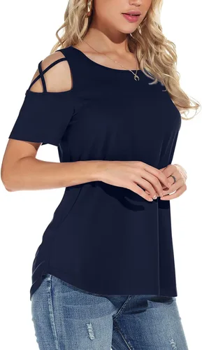 Miniatura 3 de NILOUFO - Blusas de verano para mujer, manga corta, tiras y hombros descubiertos