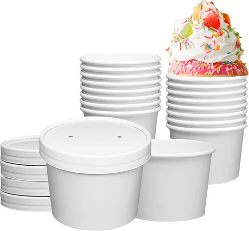 250 juegos de recipientes de papel blanco para alimentos con tapas ventiladas, cuencos de sopa calientes para llevar, tazas desechables para helado