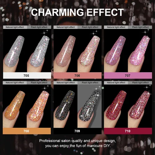 Miniatura 3 de RARJSM Juego de esmaltes de uñas de gel con purpurina reflectante, 6 colores brillantes plateados, champán, dorado, rosa, naranja, negro, rojo