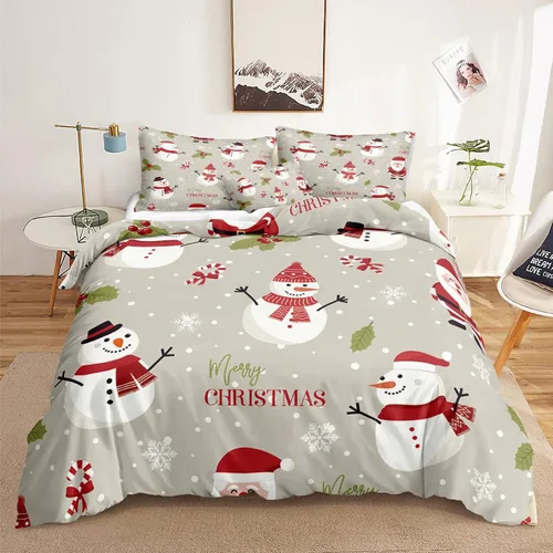 Miniatura 49 de Juego de ropa de cama de Navidad con funda de edredón de copos de nieve, color blanco y rojo, con estampado navideño, juego de ropa de cama festiva