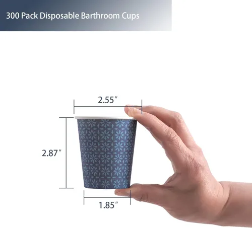 Miniatura 3 de Clawsoff Paquete de 300 tazas de papel de 5 onzas, tazas desechables para baño con diseño floral azul marino pequeño, tazas de enjuague bucal de 5