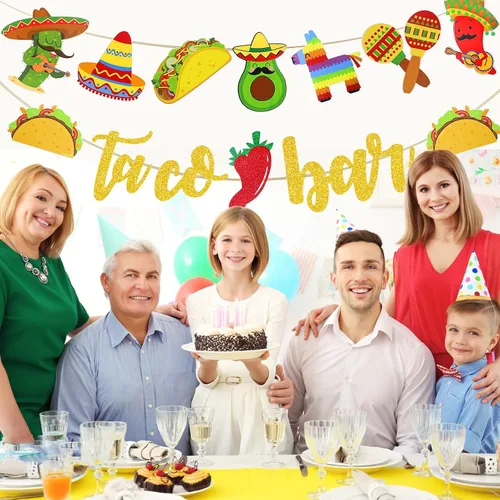 Miniatura 3 de Fiesta Taco Bar Banner Garland 2 juegos de fiesta mexicana fiesta bandera con cactus burro maraca sombrero taco pimienta para fiesta temática