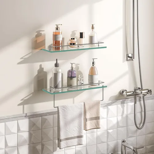 Miniatura 2 de HOOBRO Estantes de vidrio para baño, estante de vidrio flotante de 15.7 pulgadas para pared, juego de 2 soportes montados en la pared de acero