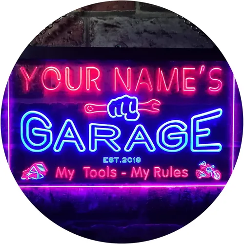ADVPRO personalizado: tu nombre, año de fundación, temática de garaje, decoración para cueva de hombres. Letrero de neón LED de dos colores, azul y