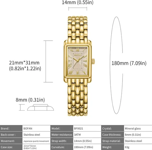 Miniatura 4 de BOFAN Relojes dorados para mujer con pulsera vintage, caja rectangular, esfera romana, herramienta de ajuste incluida, resistente al agua