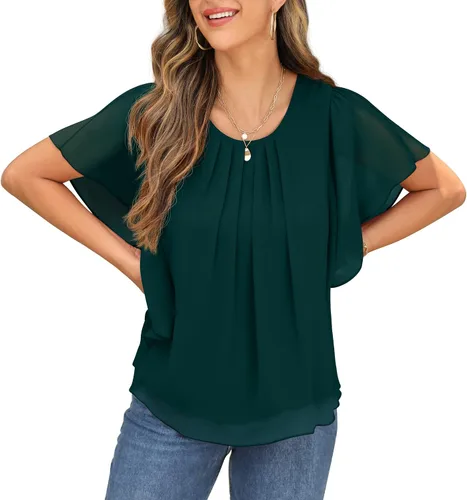 Miniatura 3 de QIXING Blusas de gasa con cuello redondo y cuello redondo de verano para mujer