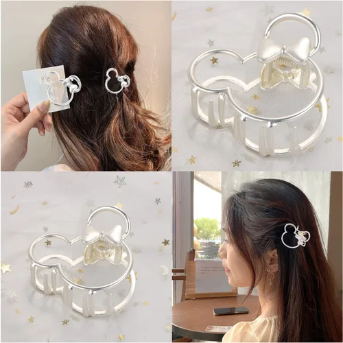 Miniatura 4 de Pinzas para el cabello, 2 pinzas de metal plateado para cabello grueso y pesado, cabeza de ratón, hueca, antideslizante, pasador, pinza