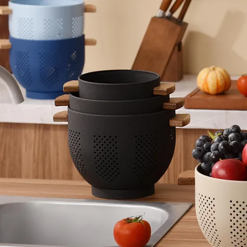 Miniatura 4 de Colador de metal con mango de madera y base estable, cesta coladora de cocina de acero con recubrimiento en polvo para escurrir pasta, verduras