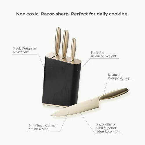 Miniatura 5 de JazzUpCo Juego de cuchillos de cocina alemanes de acero inoxidable con soporte y tabla de cortar de acacia, apto para lavavajillas, cuchillas Tabla
