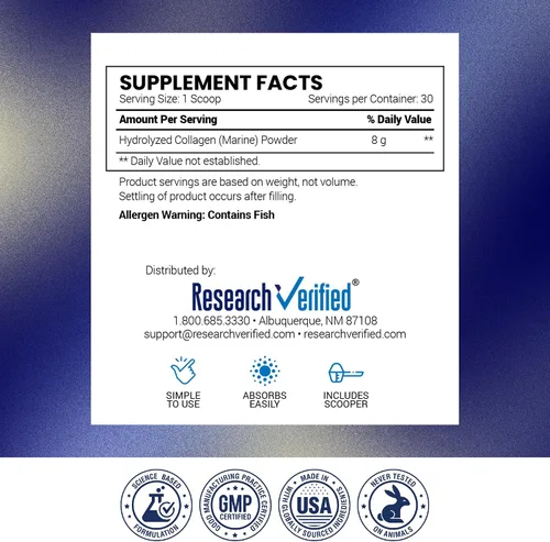 Miniatura 7 de Research Verified® Colágeno en polvo, péptidos de colágeno marinos hidrolizados, sin sabor, hidratación y elasticidad de la piel, recuperación
