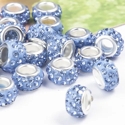 Miniatura 8 de Decoendiy 100 cuentas europeas de diamantes de imitación, cuentas espaciadoras de diamantes de imitación de agujero grande, cuentas planas redondas