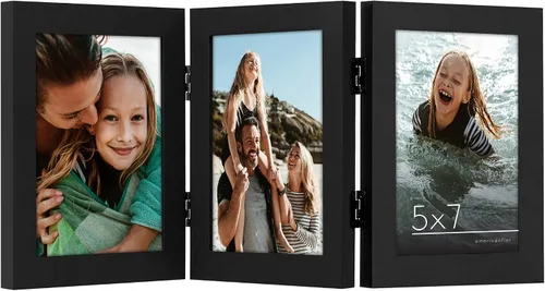 Americanflat Marco de fotos con bisagras de 3 fotos 5x7 con vidrio resistente a roturas - Colección Signature - Marco de fotos plegable para Negro