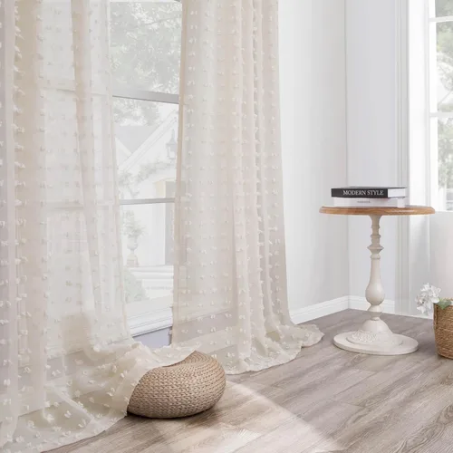 Miniatura 7 de Cortinas Beige Semitransparentes de 63 Pulgadas de Largo para Dormitorio, Sala de Estar, Guardería Infantil, Ventana con Diseño de Pompón