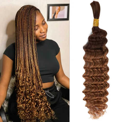 Miniatura 7 de Cabello humano trenzado para trenzas bohemias, rubio degradado T4/30, onda profunda a granel, micro trenzado, húmedo y ondulado, 18 pulgadas