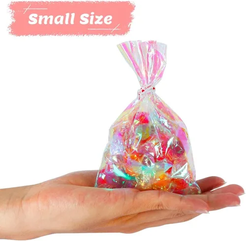Miniatura 3 de HRX Package 100 piezas de pequeñas bolsas de celofán iridiscentes con lazos, 4x6 pulgadas bolsas de plástico holográficas para dulces, pop cakes