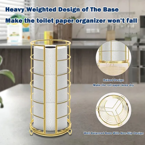 Miniatura 5 de NearMoon Soporte organizador de papel higiénico, almacenamiento de 3 rollos de papel higiénico, accesorio de baño de metal, soporte de rollo Dorado