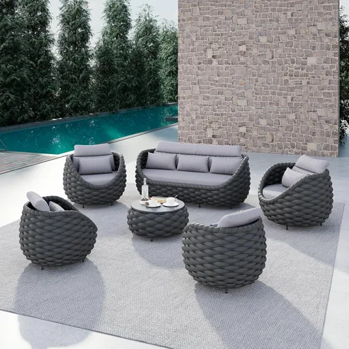 Miniatura 30 de Juego de muebles de patio de cuerda de 4 piezas: conjunto de sofás al aire libre de aluminio acolchado - sofá de conversación moderno ensamblado