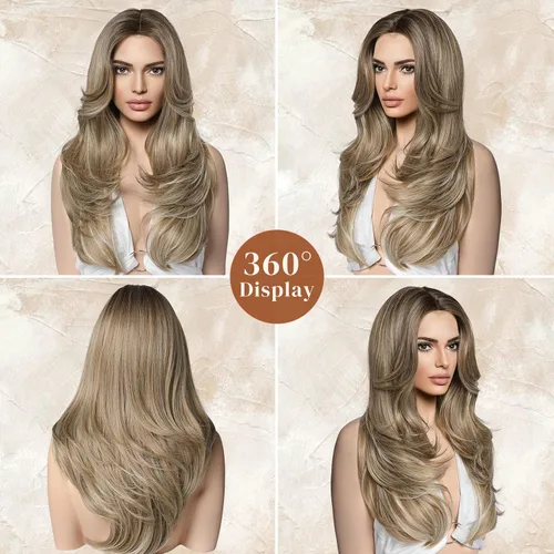 Miniatura 3 de LONAI Pelucas de color castaño ceniza para mujer, 24 pulgadas de largo, color marrón degradado, parte media, peluca de cabello sintético para uso