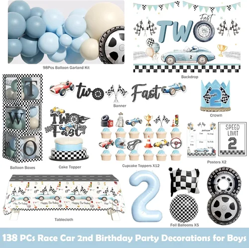 Miniatura 2 de Dos decoraciones de cumpleaños rápidas para niños – 138 piezas de auto de carreras de 2º cumpleaños suministros de fiesta con telón de fondo