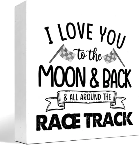 Miniatura 16 de Letrero de madera "I Love You To The Moon And Back And All Around The Race Track" para decoración de escritorio, letrero de caja con banderas a