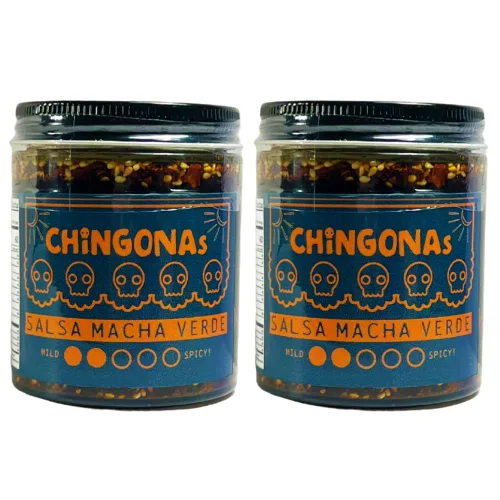 CHiNGONAs Salsa Macha Verde (paquete de 2) - Salsa crujiente de chile mexicano gourmet a base de aceite, vegana y sin gluten, aceite de chile