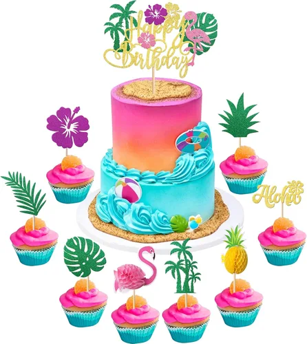 Rsstarxi Paquete de 25 adornos tropicales para cupcakes Luau con decoración de pastel de flamenco de feliz cumpleaños, palmera, flamenco, piña,