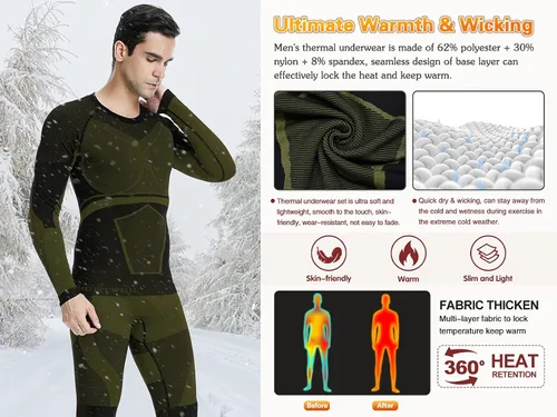 Miniatura 2 de MEETWEE Men's Thermal Underwear Set, Winter Ski Gear Fleece Lined Long Johns Base Layer Warm Top & Bottom for Skiing Black