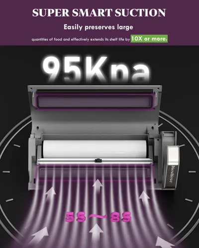 Miniatura 4 de Mesliese Máquina selladora al vacío, 95 kPa 140 W, sellador de alimentos con una sola mano, tira de doble sellado con cortador integrado y pantalla