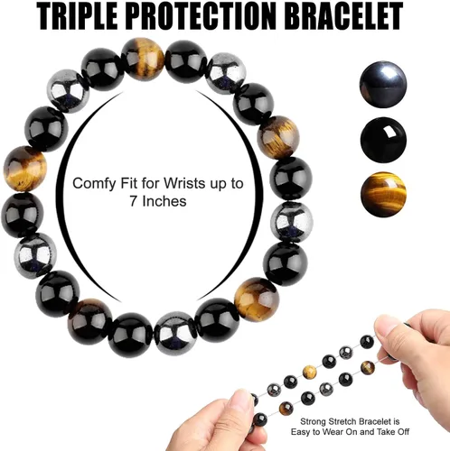 Miniatura 19 de HOZEAL Pulsera de triple protección, brazalete de obsidiana negra con ojo de tigre y hematita para hombres y mujeres, para traer suerte