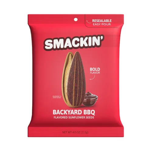 SMACKIN' - Semillas de girasol tostadas extragrandes, sin quemadura salada, hechas en Estados Unidos, fácil de verter y sellar - BBQ de patio