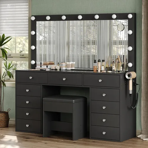 Miniatura 14 de Yanosaku Escritorio de tocador y toma de corriente, mesa de maquillaje con espejo, 12 luces LED y 3 modos de iluminación, 11 cajones, incluye silla