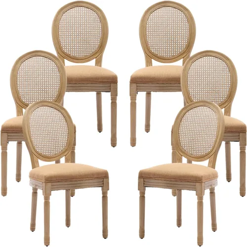 Miniatura 49 de Juego de 4 sillas de comedor francesas vintage, con respaldo redondo, tapizadas, de piel sintética, con ribete de cabeza de clavo y marco de madera