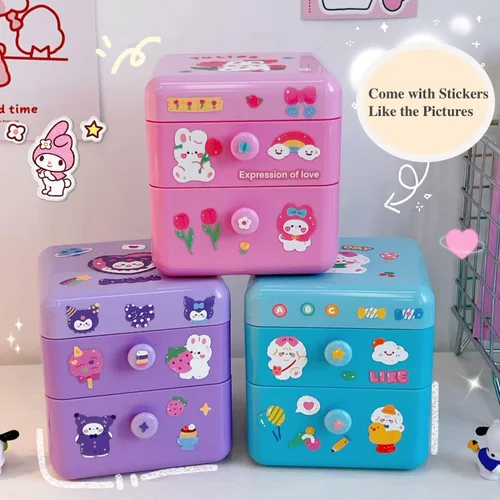 Miniatura 4 de Organizador de escritorio pequeño Kawaii con tapa y 2 cajones, lindo organizador de escritorio Kawaii con calcomanías de bricolaje para adolescentes