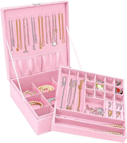 Miniatura 17 de MOSISO Joyero, organizador de almacenamiento de joyas, apilable, de doble capa, con bloqueo, para mujeres, collar, aretes, pulsera, anillo y broche
